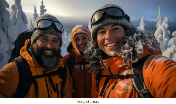 Three friends on a snowy mountain