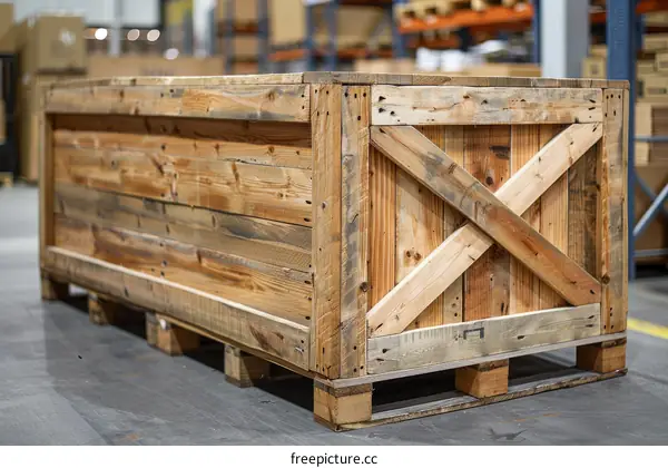 Large wooden crate with an X-shaped cross on the side