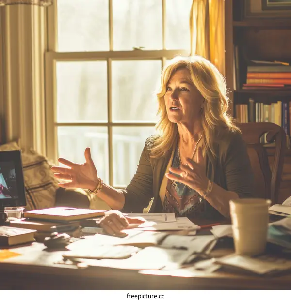 A blonde woman is sitting at a desk and talking