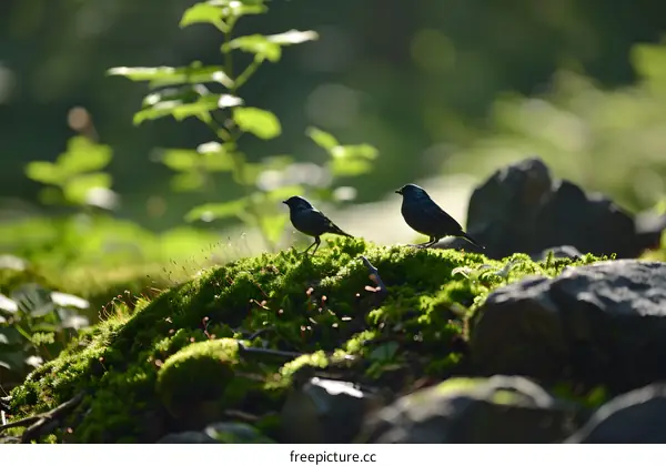 Two Birds Perched on Moss Covered Rocks in Forest