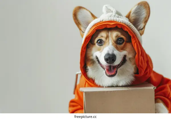 Dog in Orange Hoodie with Package