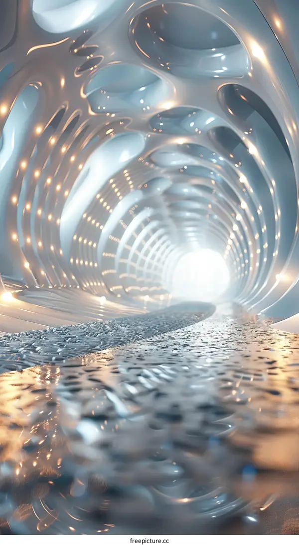 Futuristic Tunnel with Glowing Lights and Reflective Floor