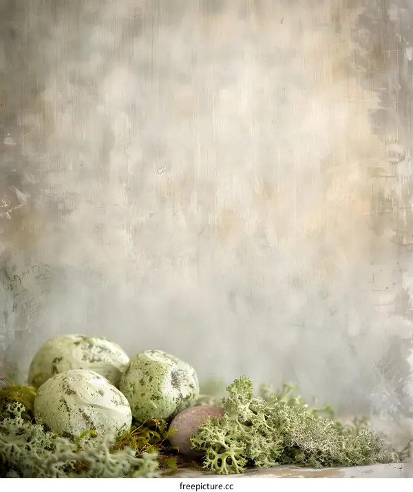 Green Eggs and Moss on a Rustic Background