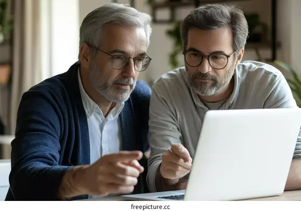 Two Caucasian Men Collaborating on a Laptop