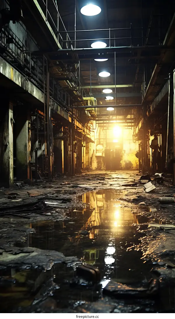 Grungy abandoned factory building interior with water on the floor