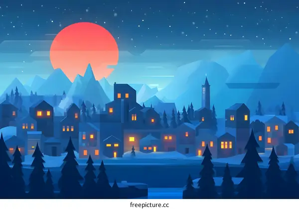 Nighttime Village with Mountain and Big Moon