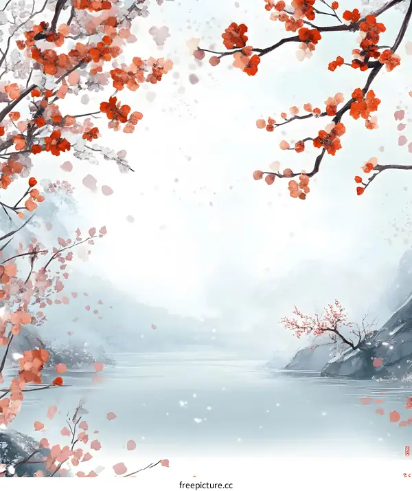 Watercolor Painting of Winter Landscape With Red Flowers and Snow