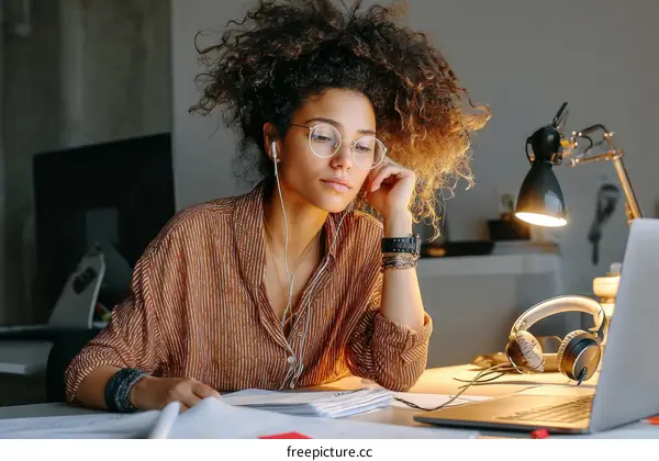 Focused Young Woman Working on Laptop