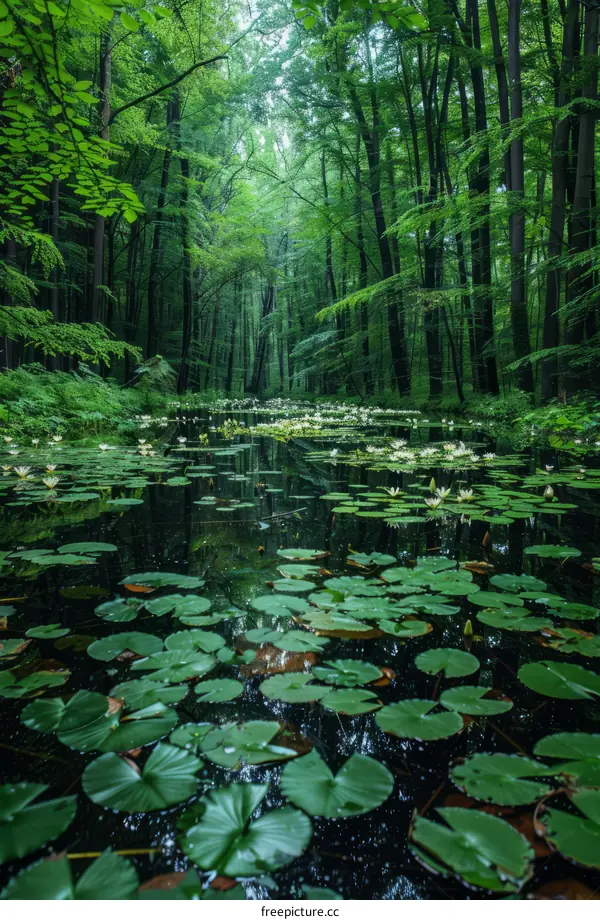 Mystical Forest Pond with Glowing Water Lilies