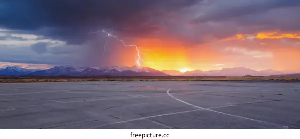 Dramatic Sunset Over Mountains with Lightning