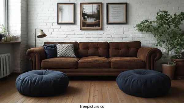 Modern Living Room with Brown Sofa and Poufs