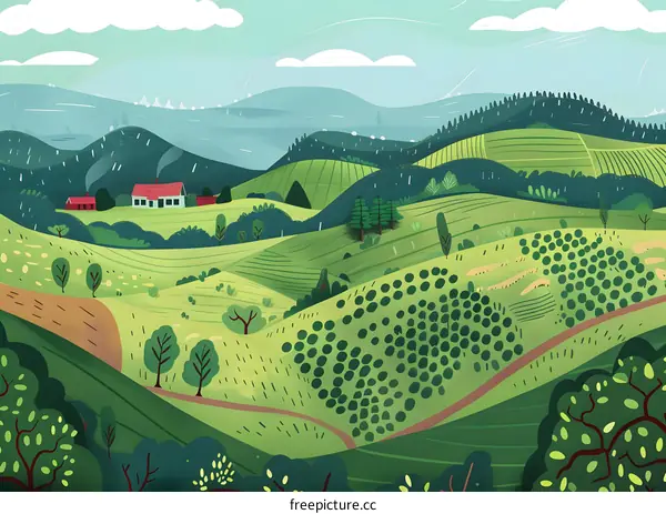 Green Hills with a Red Roofed House