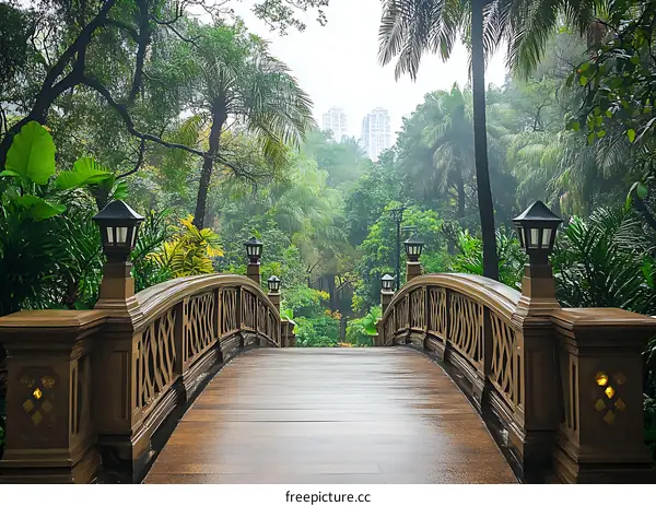 Wooden Bridge in Lush Tropical Garden with City Skyline in the Background