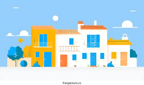 Summertime Row of Colorful Houses Illustration