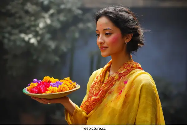 Indian Woman with Colorful Flowers in Holi Festival