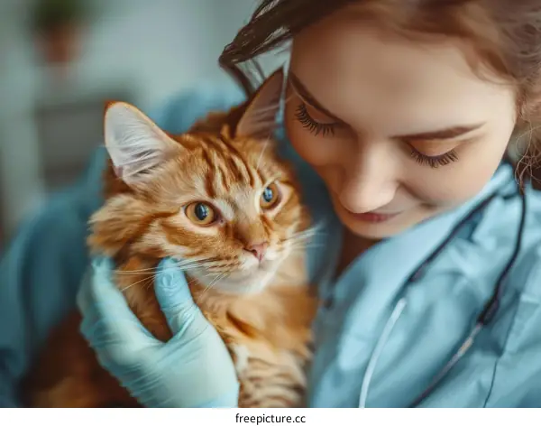 Close-up of a ginger cat being examined by a veterinarian