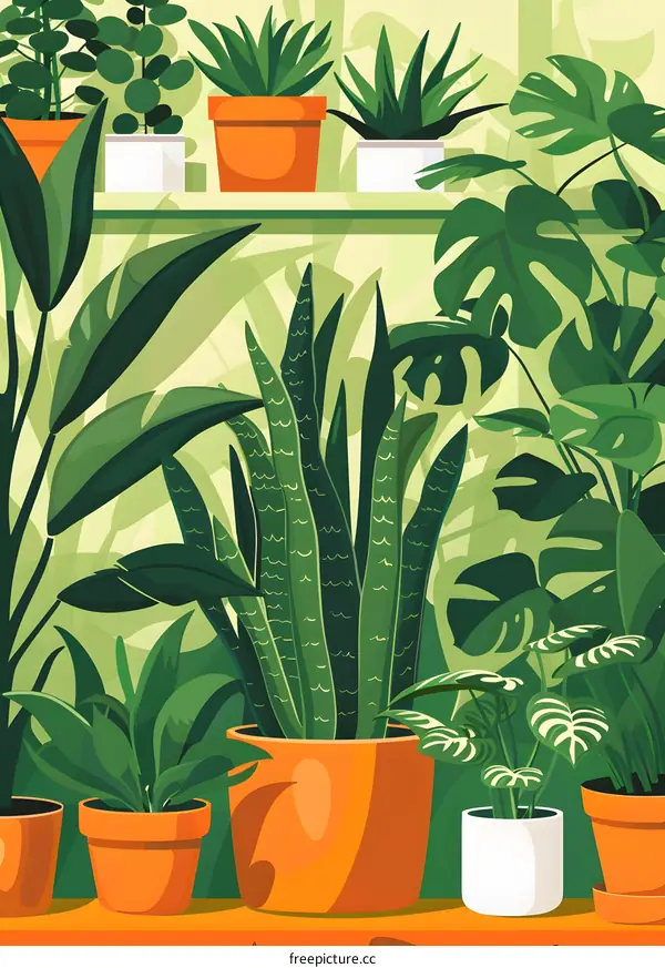 Green Plants in Pots on Shelf Illustration
