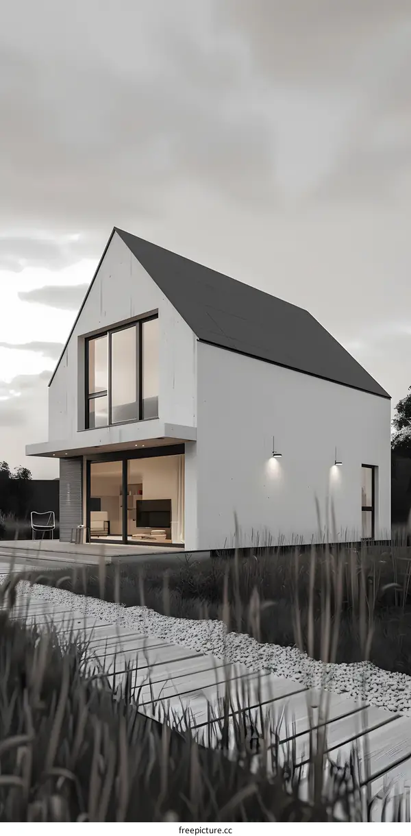 Modern House with Grey Roof and Large Windows