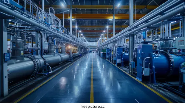 Industrial interior of factory with blue pipelines and equipment