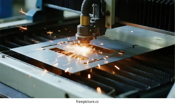 Industrial Laser Cutting Machine Cutting Metal Sheet with Sparks