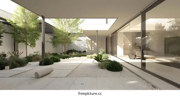 Modern Minimalist Courtyard Design with White Gravel and Greenery