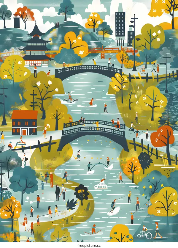 People Enjoying a Day in the Park with Colorful Trees and a Winding River