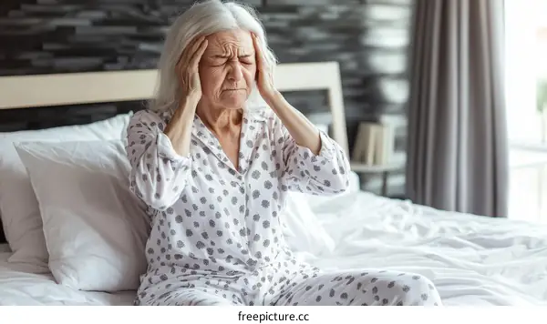Senior Woman Suffering from Headache in Bed