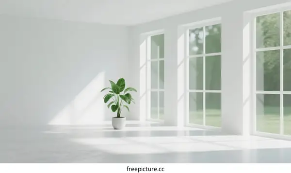 Modern bright empty room with large windows and green plant