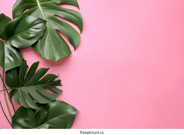 Green Monstera Leaves on Pink Background
