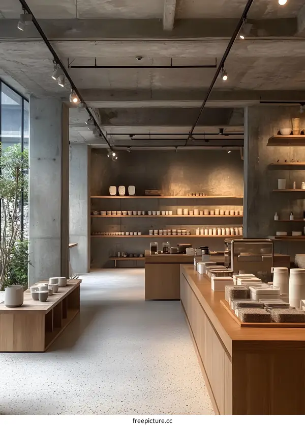 Minimalist Store Interior Design with Concrete Walls and Wooden Shelving