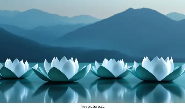 Peaceful Lotus Flowers Against a Misty Mountain Landscape