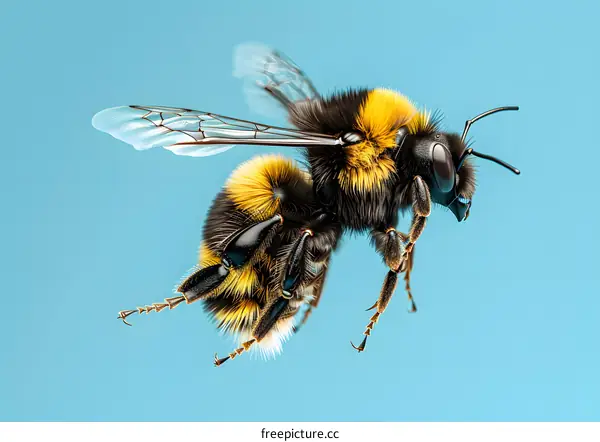Bumblebee in flight on blue background