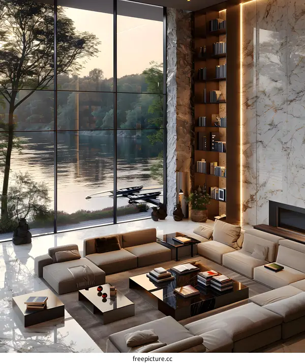 Modern living room interior with large windows overlooking lake and mountains