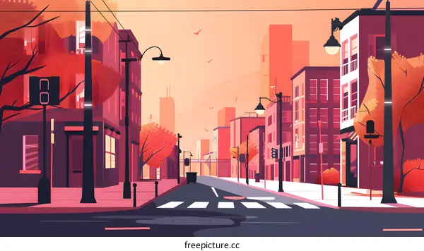 Cityscape Illustration with Buildings and Street Lights in Sunset