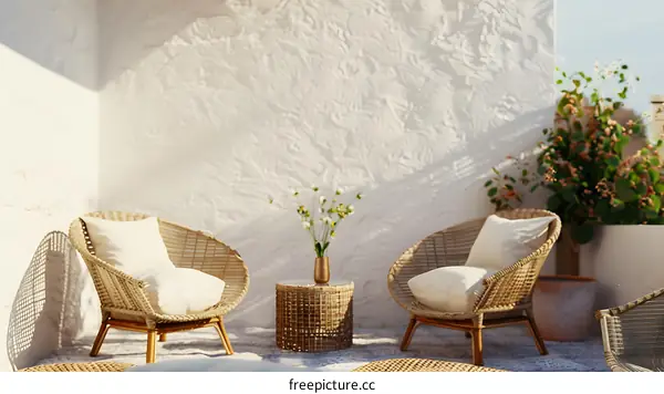 White Wall Patio With Rattan Chairs and Flowers