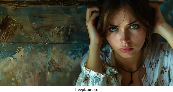 Portrait of a young woman with blue eyes and long brown hair