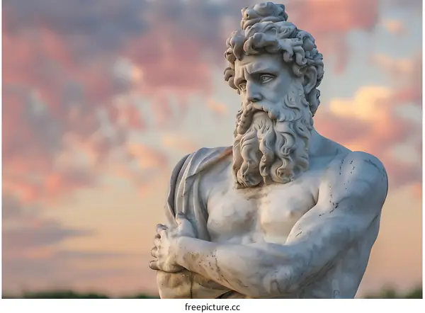 Marble Statue of a Man with a Beard Against a Cloudy Sky