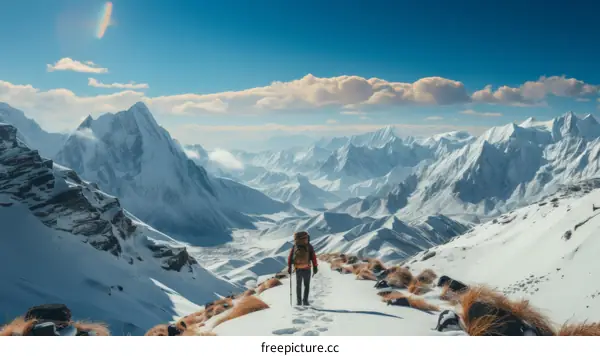 A lone hiker traverses a snowy mountain landscape