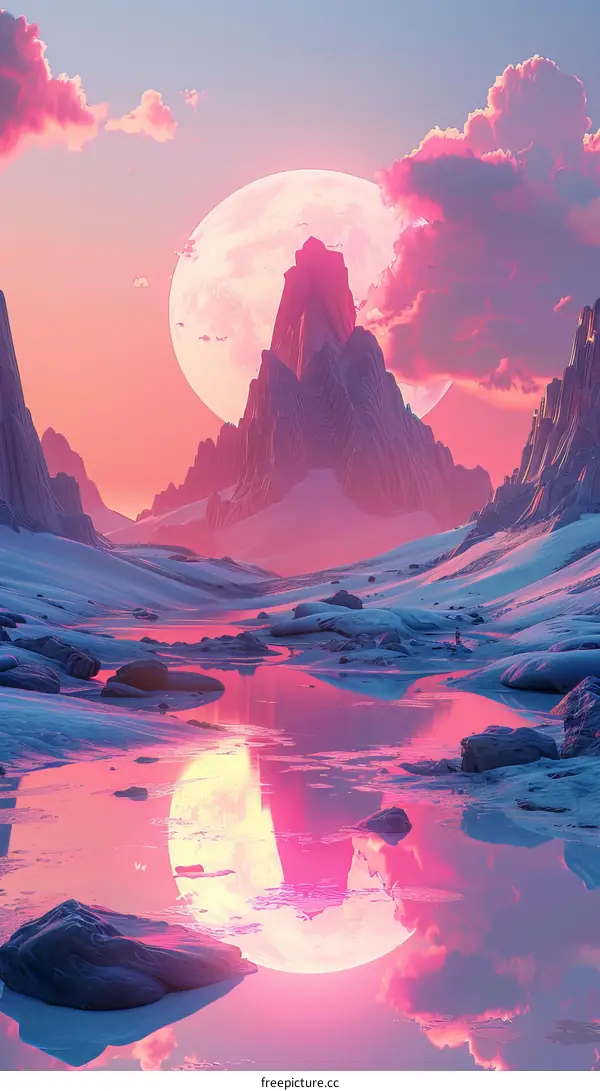 Fantasy Landscape With Pink Sky And Moon