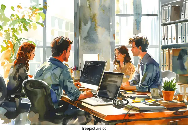 Colleagues discussing a project in an office