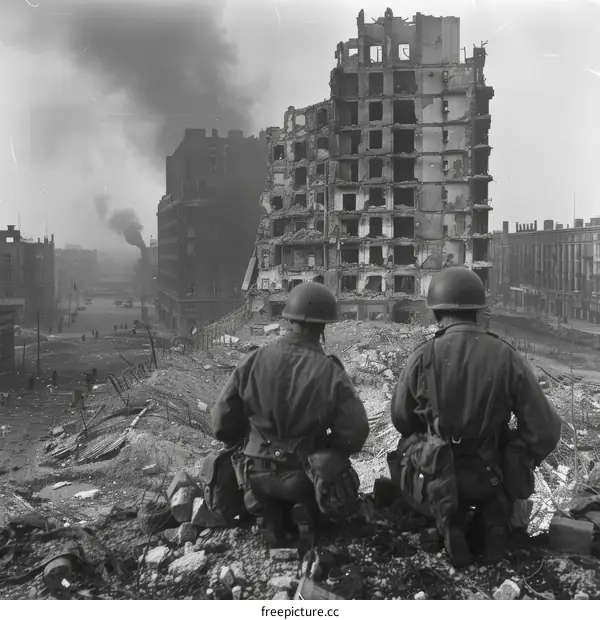 Two soldiers looking at the ruins of a city