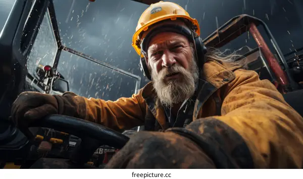 Construction Worker Operating Excavator in Stormy Weather
