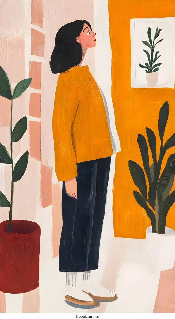 Woman Standing in a Yellow Room with Plants