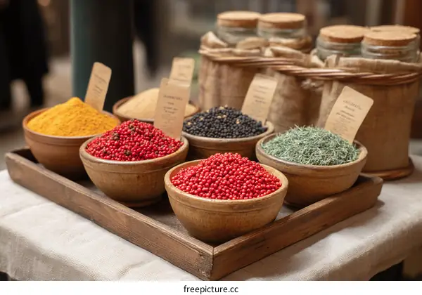 Assortment of Spices on Wooden Tray