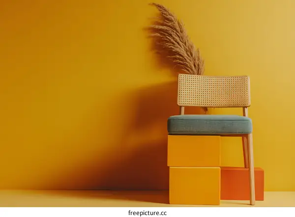 Minimalist Chair with Yellow Wall and Dried Grass