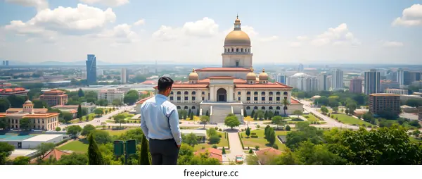 Man Standing and Looking at a City with Buildings and a Dome