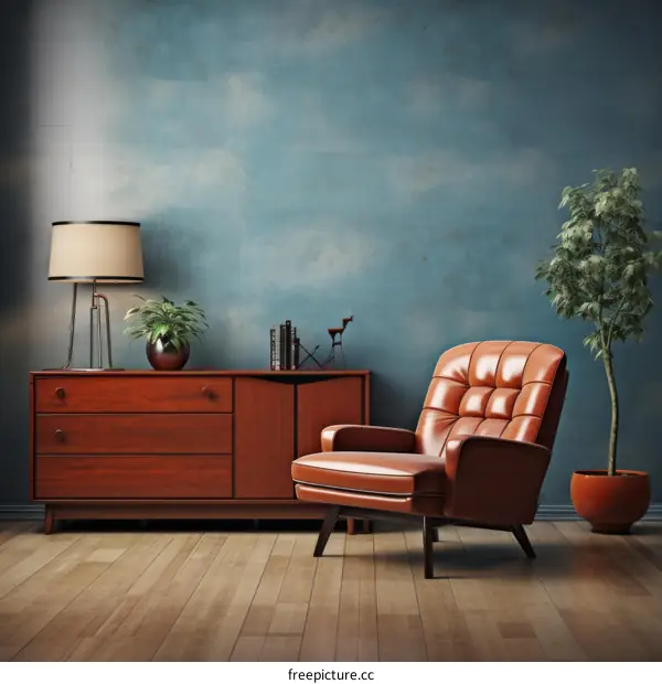 Retro brown leather armchair in a blue room