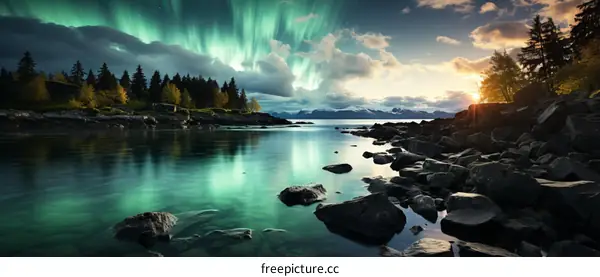Aurora borealis landscape with mountains and water