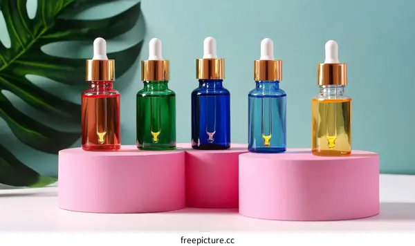 Colorful Essential Oils Bottles on Pink Display