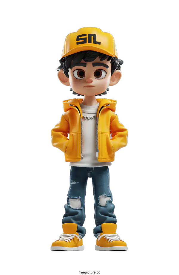 [Transparent Background PNG]3D Cartoon Illustration of Boy Wearing Yellow Jacket and Jeans